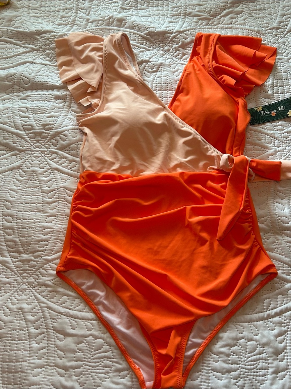 Bright Orange & Peach One-Shoulder Swimsuit with Ruffle